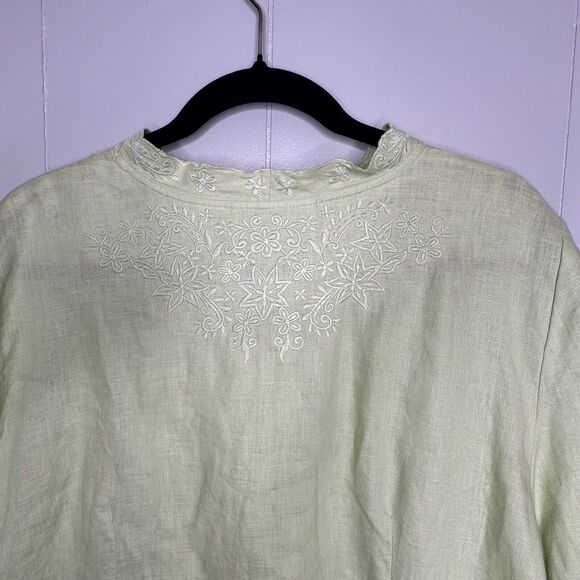 Lucy & Laurel Woman Plus Size 2X Green Blouse 100% Linen Button Up Embroidered - Picture 8 of 12